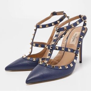 Valentino Garavani Navy Leather Rockstud 100 T-Strap Pumps 9 39
